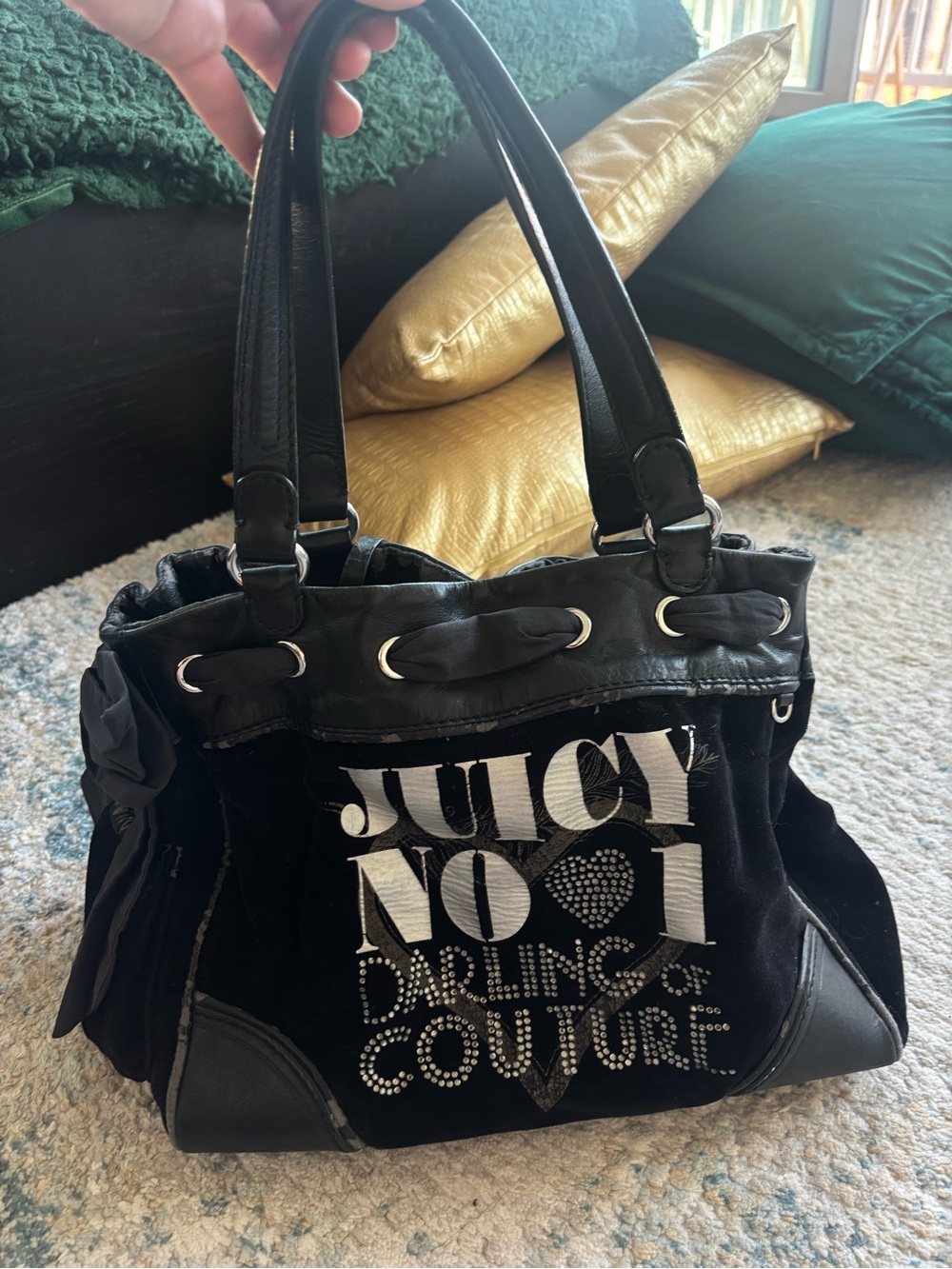 Juicy Couture Black Velvet Logo Shoulder Bag with Crystal Accents